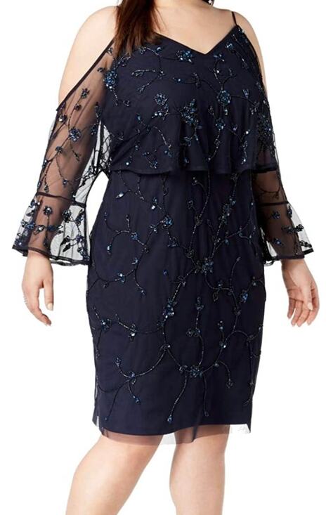 Adrianna Papell Dresses & Skirts - Adrianna Papell Beaded Long Sleeve Cut Out Sheath Cocktail Dress Blue Size 4
